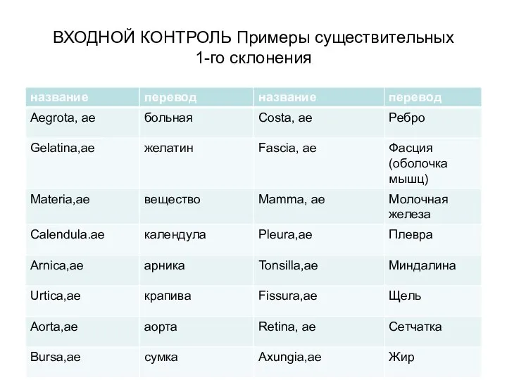 ВХОДНОЙ КОНТРОЛЬ Примеры существительных 1-го склонения