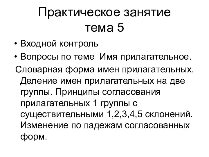 Практическое занятие тема 5 Входной контроль Вопросы по теме Имя прилагательное.