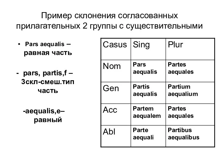 Пример склонения согласованных прилагательных 2 группы с существительными Pars aequalis –