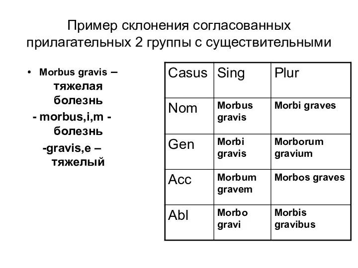 Пример склонения согласованных прилагательных 2 группы с существительными Morbus gravis –