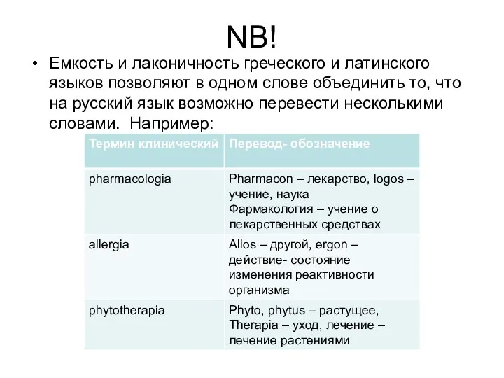 NB! Емкость и лаконичность греческого и латинского языков позволяют в одном