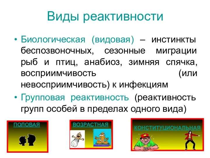 Виды реактивности Биологическая (видовая) – инстинкты беспозвоночных, сезонные миграции рыб и