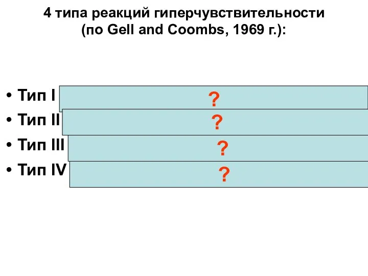 4 типа реакций гиперчувствительности (по Gell and Coombs, 1969 г.): Тип