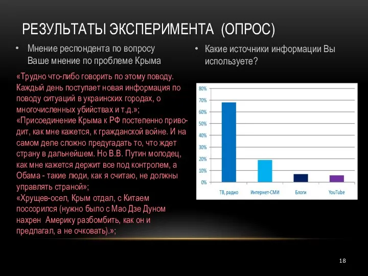 РЕЗУЛЬТАТЫ ЭКСПЕРИМЕНТА (ОПРОС) Какие источники информации Вы используете? Мнение респондента по