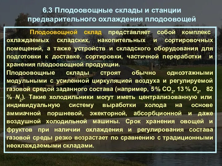 Плодоовощной склад представляет собой комплекс охлаждаемых складских, накопительных и сортировочных помещений,