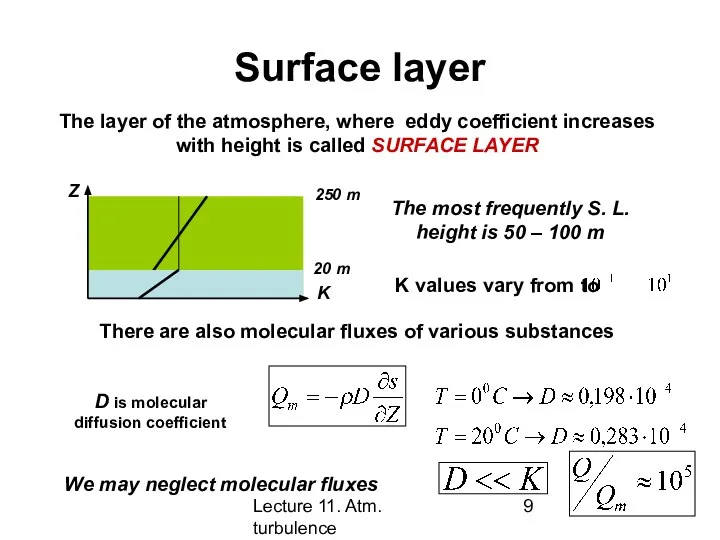 Lecture 11. Atm. turbulence Surface layer The layer of the atmosphere,