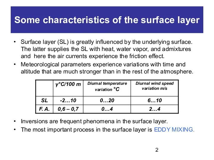 Some characteristics of the surface layer Surface layer (SL) is greatly