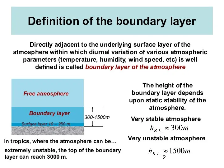 Definition of the boundary layer Directly adjacent to the underlying surface