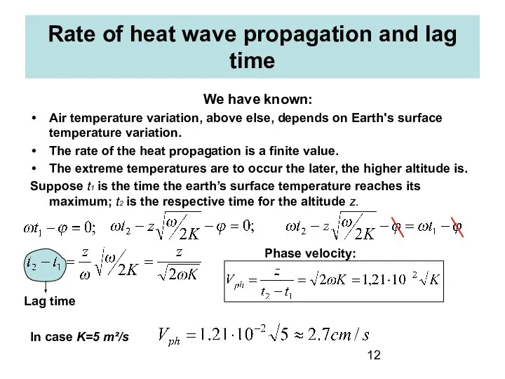 Rate of heat wave propagation and lag time We have known: