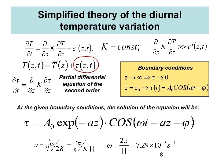 Simplified theory of the diurnal temperature variation Partial differential equation of