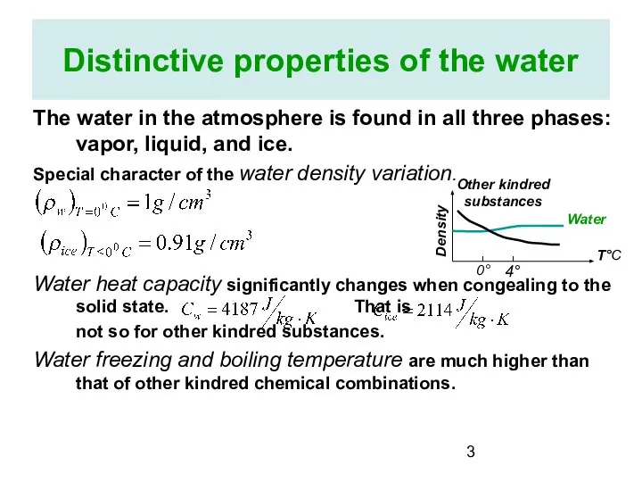 Distinctive properties of the water The water in the atmosphere is