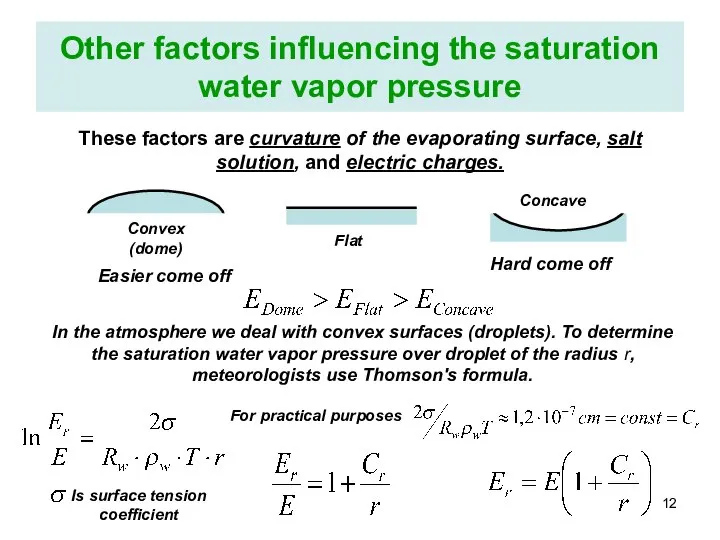 Other factors influencing the saturation water vapor pressure These factors are