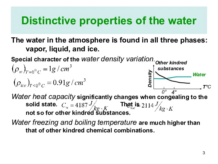 Distinctive properties of the water The water in the atmosphere is