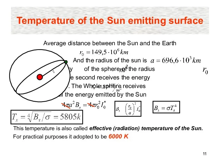 Temperature of the Sun emitting surface Average distance between the Sun