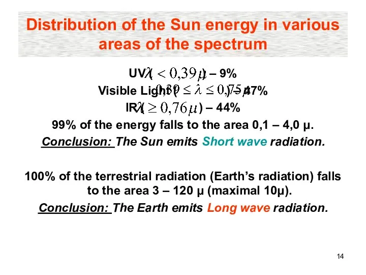 Distribution of the Sun energy in various areas of the spectrum