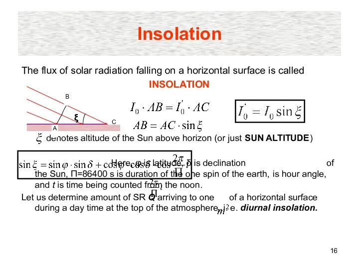 Insolation The flux of solar radiation falling on a horizontal surface