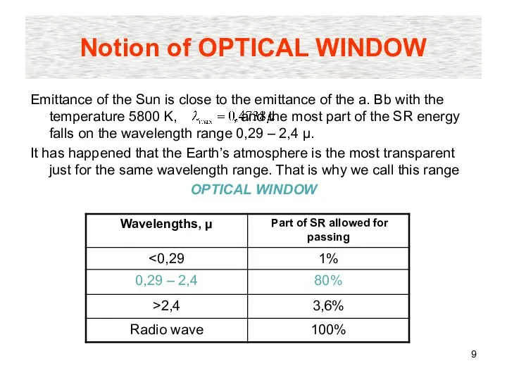 Notion of OPTICAL WINDOW Emittance of the Sun is close to