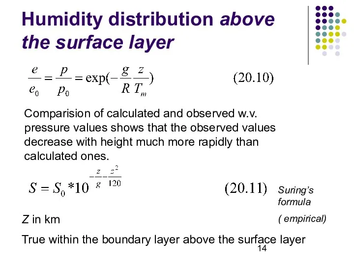 Humidity distribution above the surface layer Comparision of calculated and observed