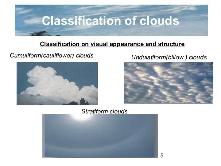 Classification of clouds Classification on visual appearance and structure Cumuliform(cauliflower) clouds Undulatiform(billow ) clouds Stratiform clouds