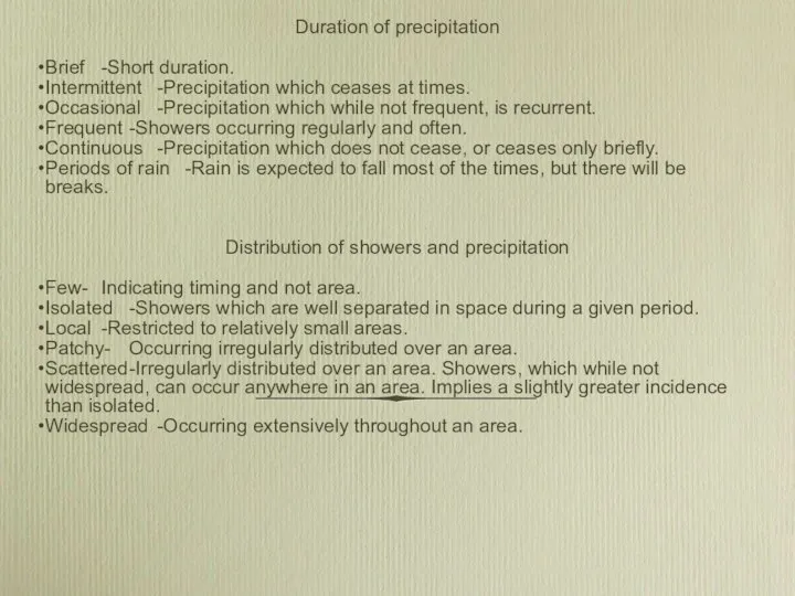 Duration of precipitation Brief -Short duration. Intermittent -Precipitation which ceases at
