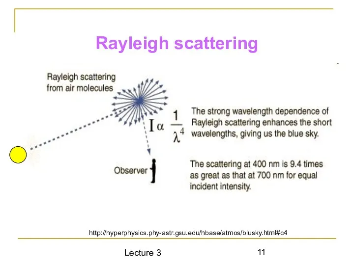 Lecture 3 Rayleigh scattering http://hyperphysics.phy-astr.gsu.edu/hbase/atmos/blusky.html#c4