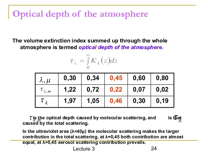 Lecture 3 Optical depth of the atmosphere The volume extinction index