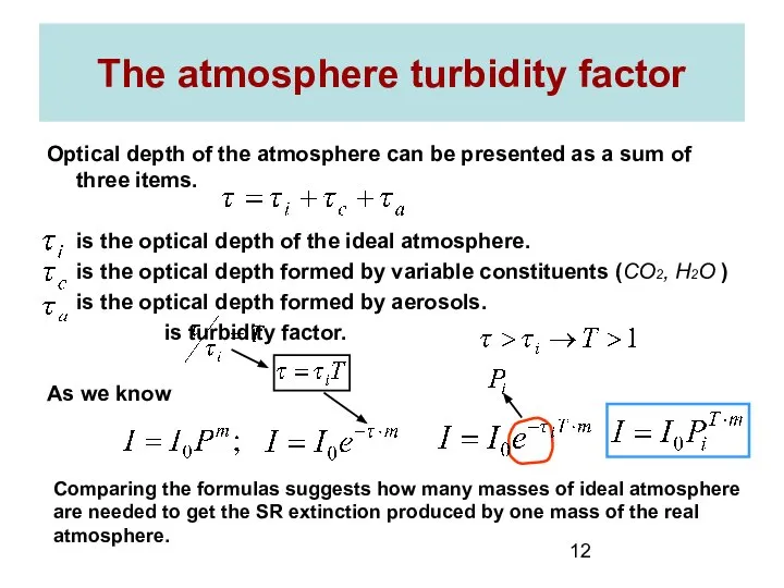 The atmosphere turbidity factor Optical depth of the atmosphere can be