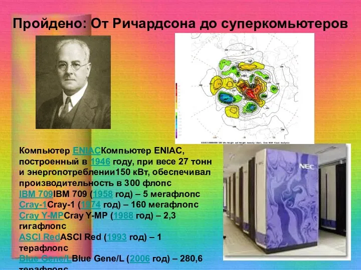 Пройдено: От Ричардсона до суперкомьютеров Компьютер ENIACКомпьютер ENIAC, построенный в 1946