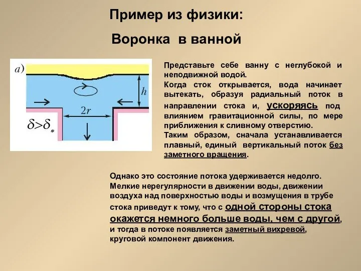 Пример из физики: Воронка в ванной Представьте себе ванну с неглубокой