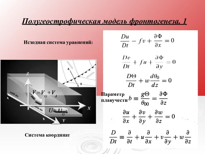 Полугеострофическая модель фронтогенеза. 1 Исходная система уравнений: Параметр плавучести Система координат