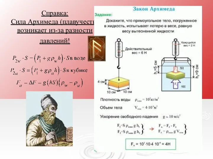 Справка: Сила Архимеда (плавучести) возникает из-за разности давлений!