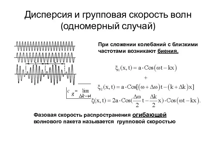 Дисперсия и групповая скорость волн (одномерный случай) При сложении колебаний с