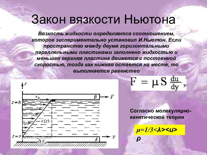 Закон вязкости Ньютона Вязкость жидкости определяется соотношением, которое экспериментально установил И.Ньютон.