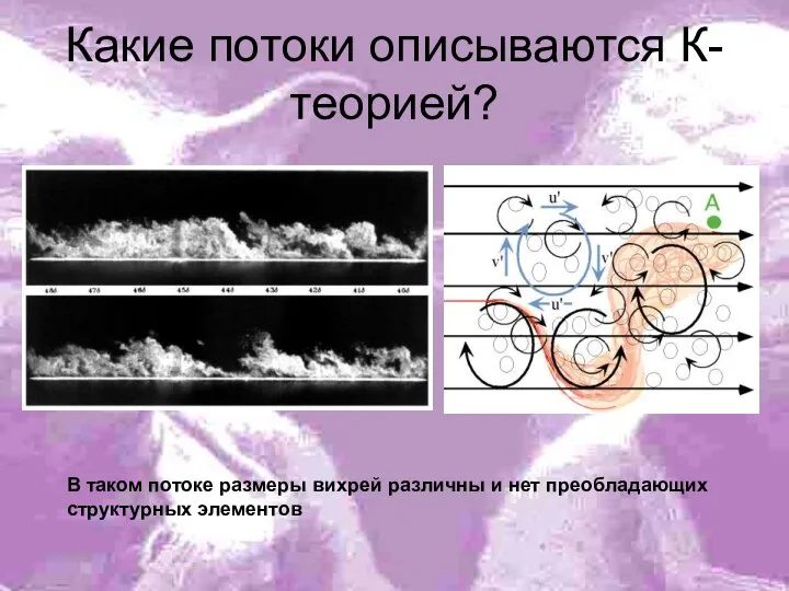 Какие потоки описываются К-теорией? В таком потоке размеры вихрей различны и нет преобладающих структурных элементов