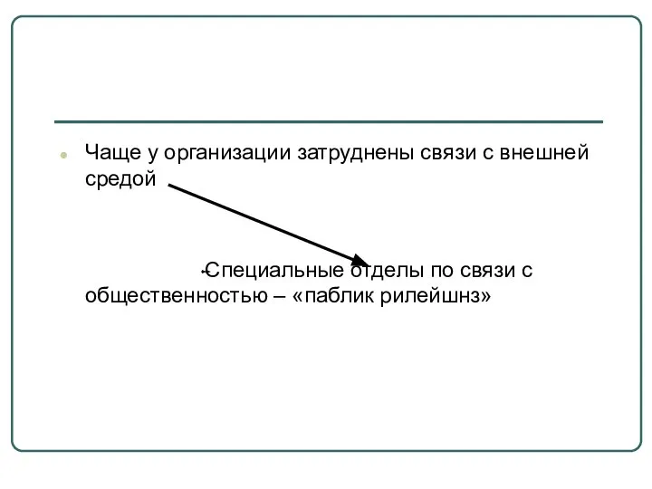 Чаще у организации затруднены связи с внешней средой Специальные отделы по