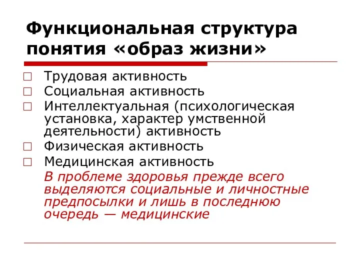 Функциональная структура понятия «образ жизни» Трудовая активность Социальная активность Интеллектуальная (психологическая