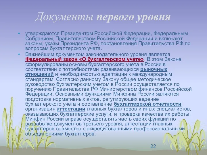 Документы первого уровня утверждаются Президентом Российской Федерации, Федеральным Собранием, Правительством Российской