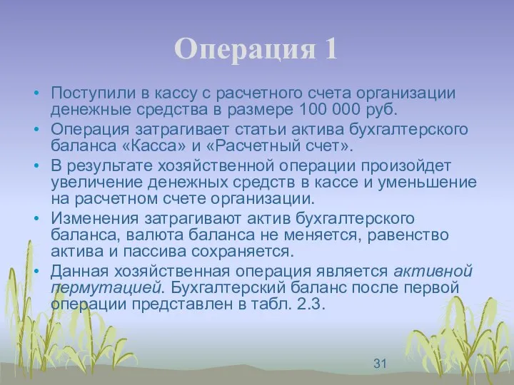 Операция 1 Поступили в кассу с расчетного счета организации денежные средства