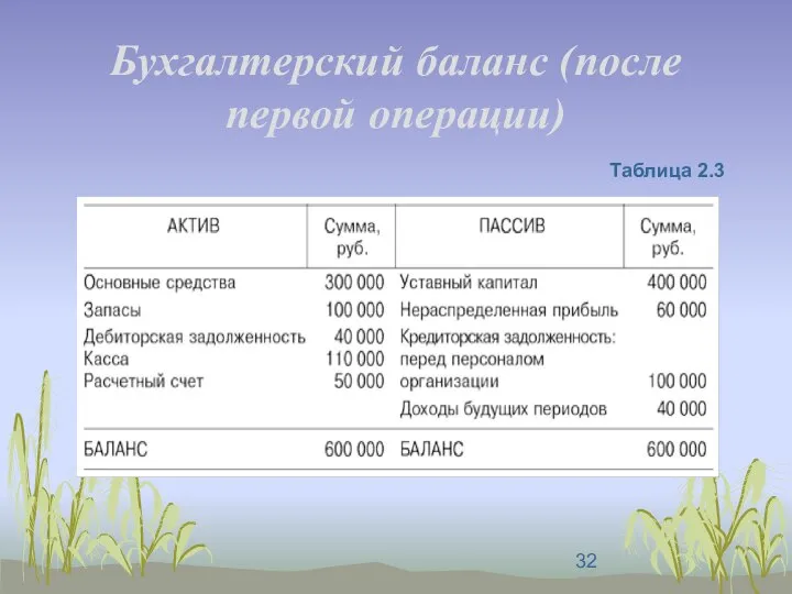 Бухгалтерский баланс (после первой операции) Таблица 2.3