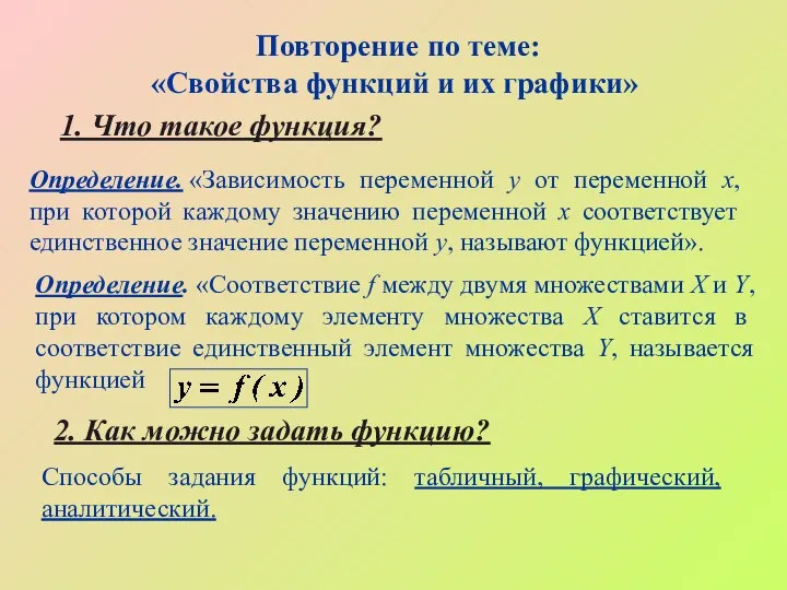 Повторение по теме: «Свойства функций и их графики» 1. Что такое