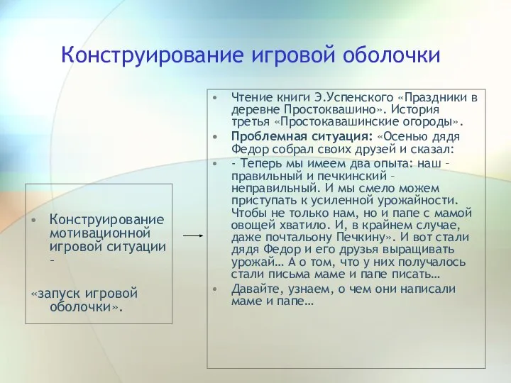 Конструирование игровой оболочки Конструирование мотивационной игровой ситуации – «запуск игровой оболочки».