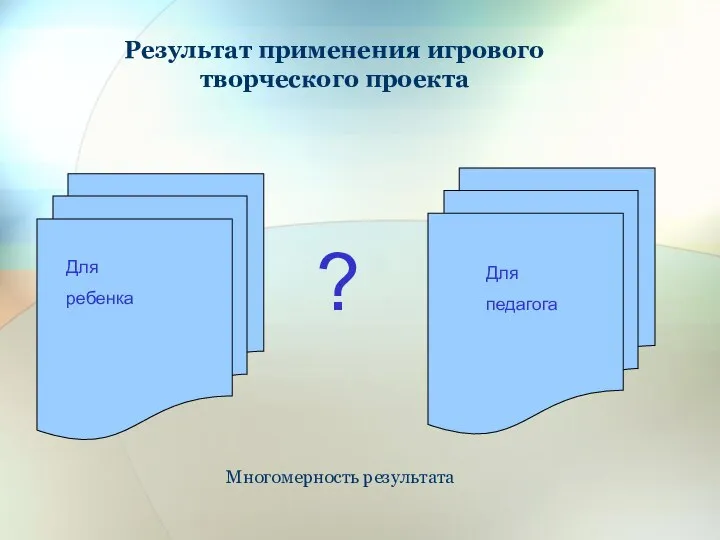 Результат применения игрового творческого проекта Для ребенка Для педагога Многомерность результата ?