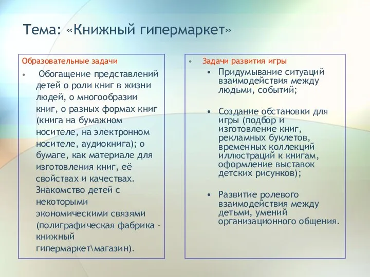 Тема: «Книжный гипермаркет» Образовательные задачи Обогащение представлений детей о роли книг