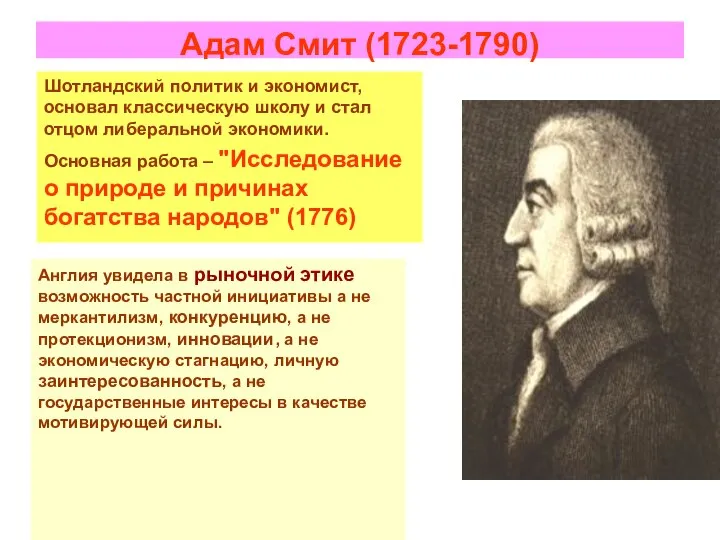 Адам Смит (1723-1790) Шотландский политик и экономист, основал классическую школу и