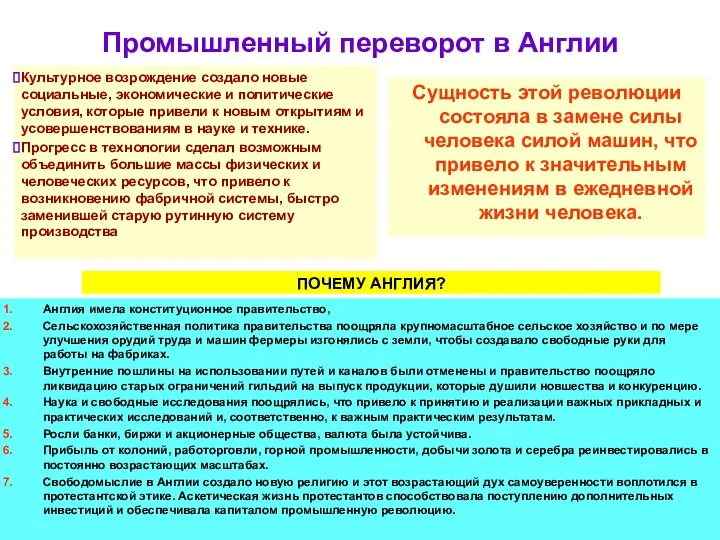 Промышленный переворот в Англии Культурное возрождение создало новые социальные, экономические и