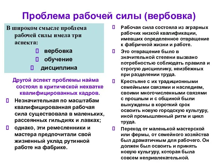 Проблема рабочей силы (вербовка) В широком смысле проблема рабочей силы имела