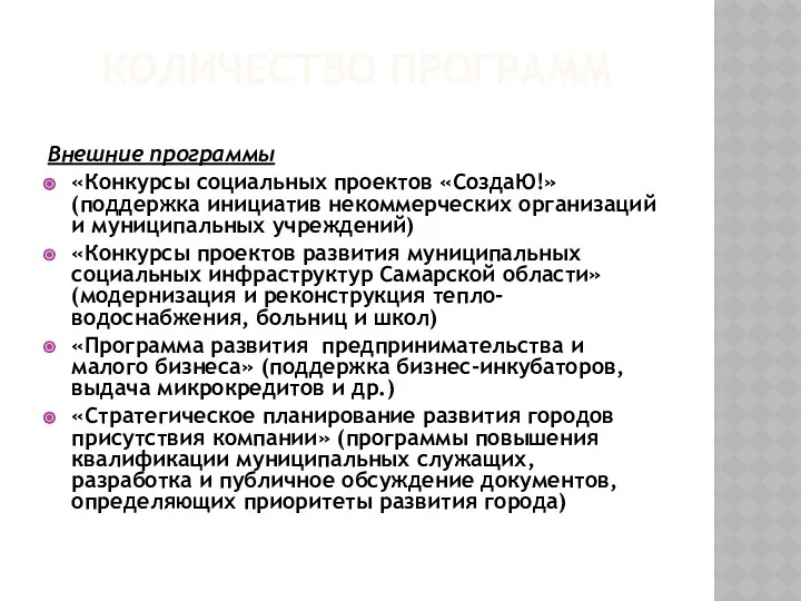 КОЛИЧЕСТВО ПРОГРАММ Внешние программы «Конкурсы социальных проектов «СоздаЮ!» (поддержка инициатив некоммерческих