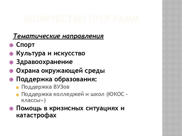 КОЛИЧЕСТВО ПРОГРАММ Тематические направления Спорт Культура и искусство Здравоохранение Охрана окружающей