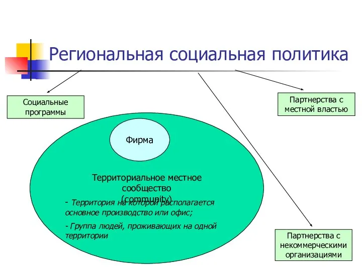 Региональная социальная политика Территориальное местное сообщество (community) Фирма - Территория на