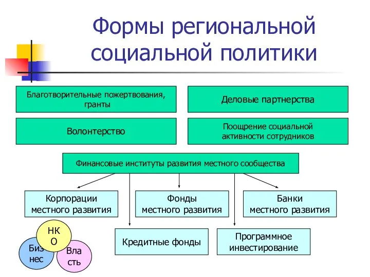 Власть Формы региональной социальной политики Благотворительные пожертвования, гранты Деловые партнерства Волонтерство